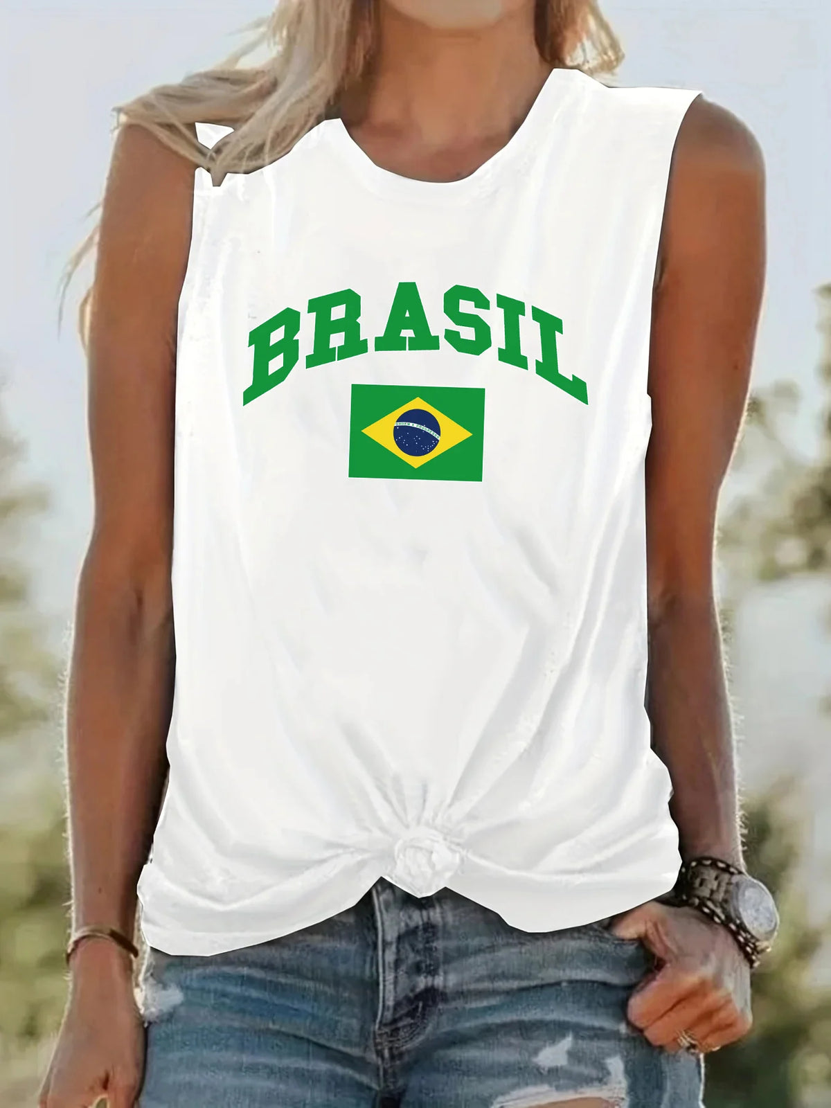Women's Summer BRASIL Pattern Print Large Casual Round Neck Sleeveless