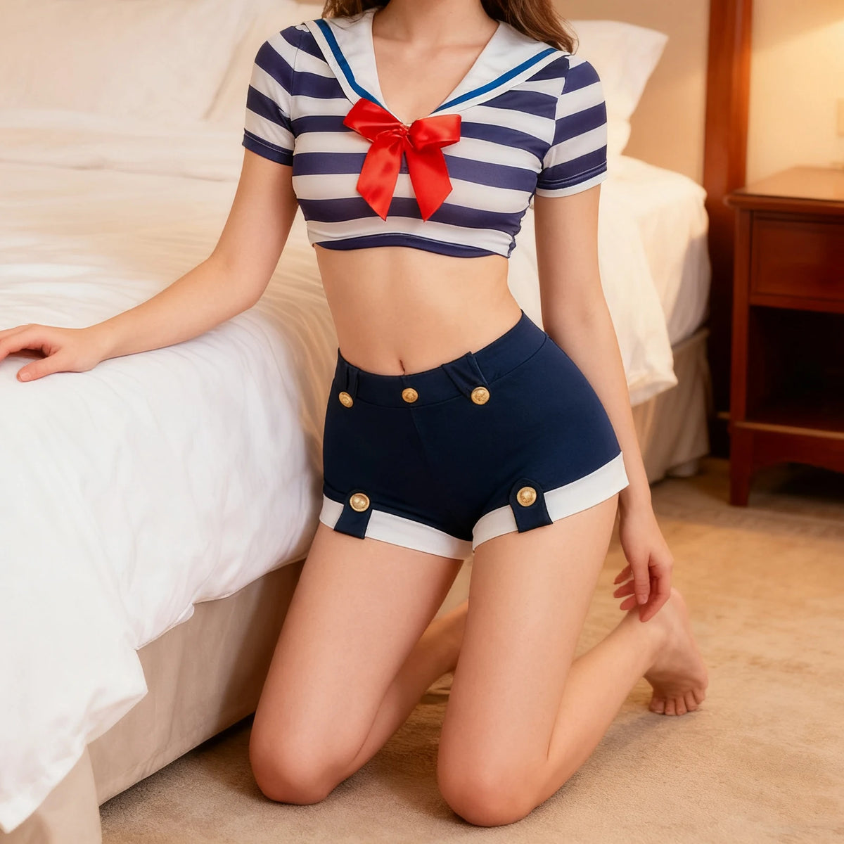Women Sailor Costume Two Piece Set Striped Short Sleeve V-Neck Crop