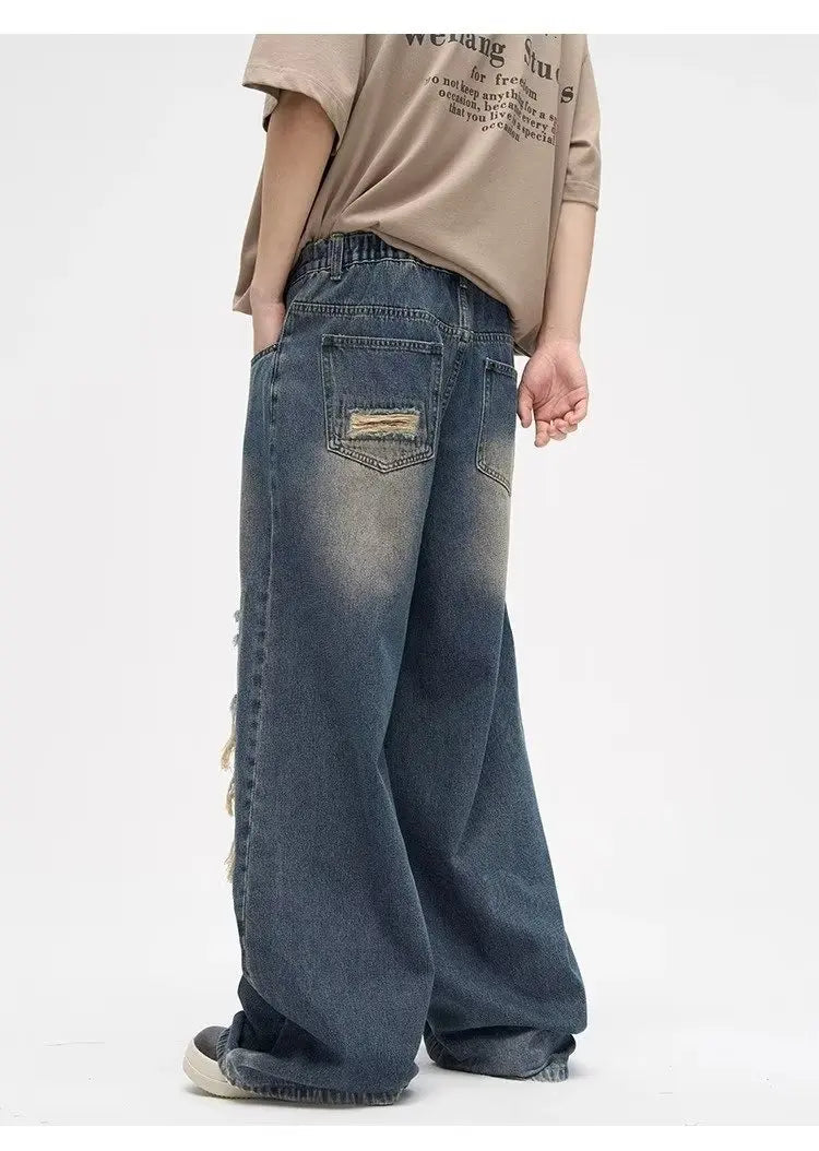 Y2K Man Jeans Korean retro hole repair jeans mens 2023 new American