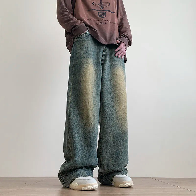 Distressed Vintage Blue Jeans Pants Men Wide-leg Denim Trousers Male