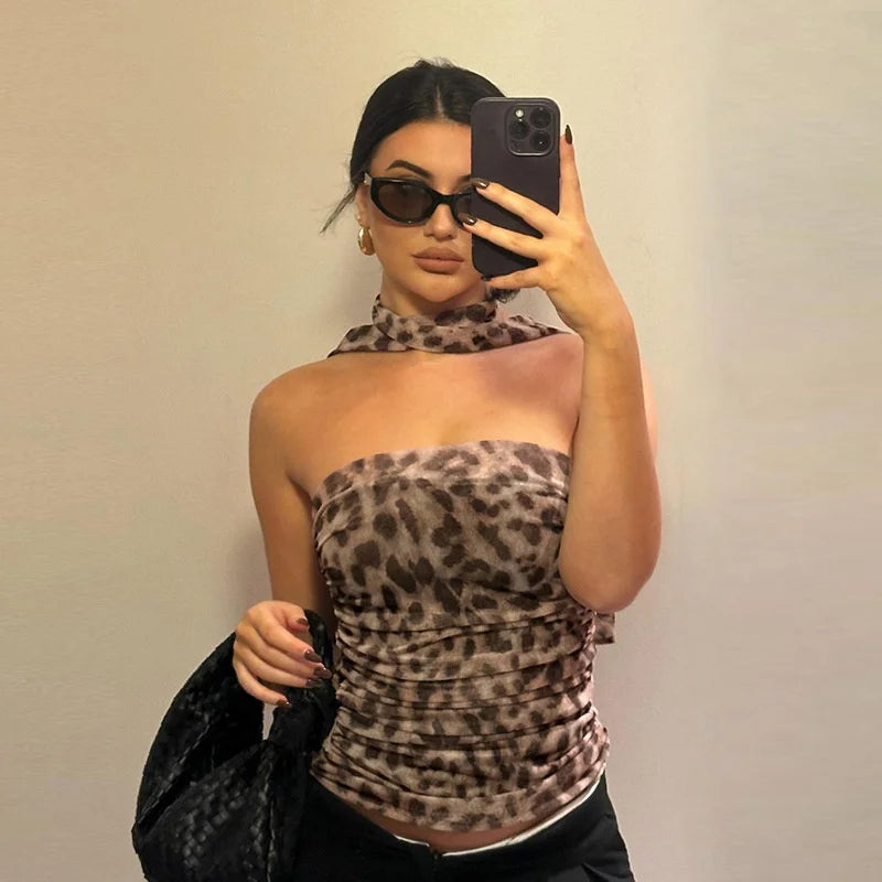 Women Tulle Leopard Print Top with Bandeau Off-the-shoulder