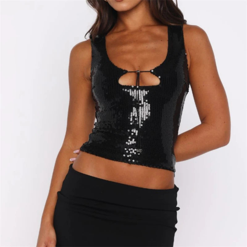 Sequin Camisole Slim Vest Sexy Women Sleeveless Solid Color Tee Tank
