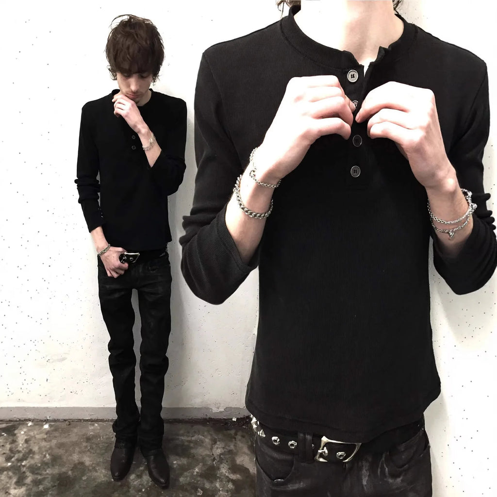 Japanese Vintage Black White Stripe Henley Long Sleeve T-shirt Unisex