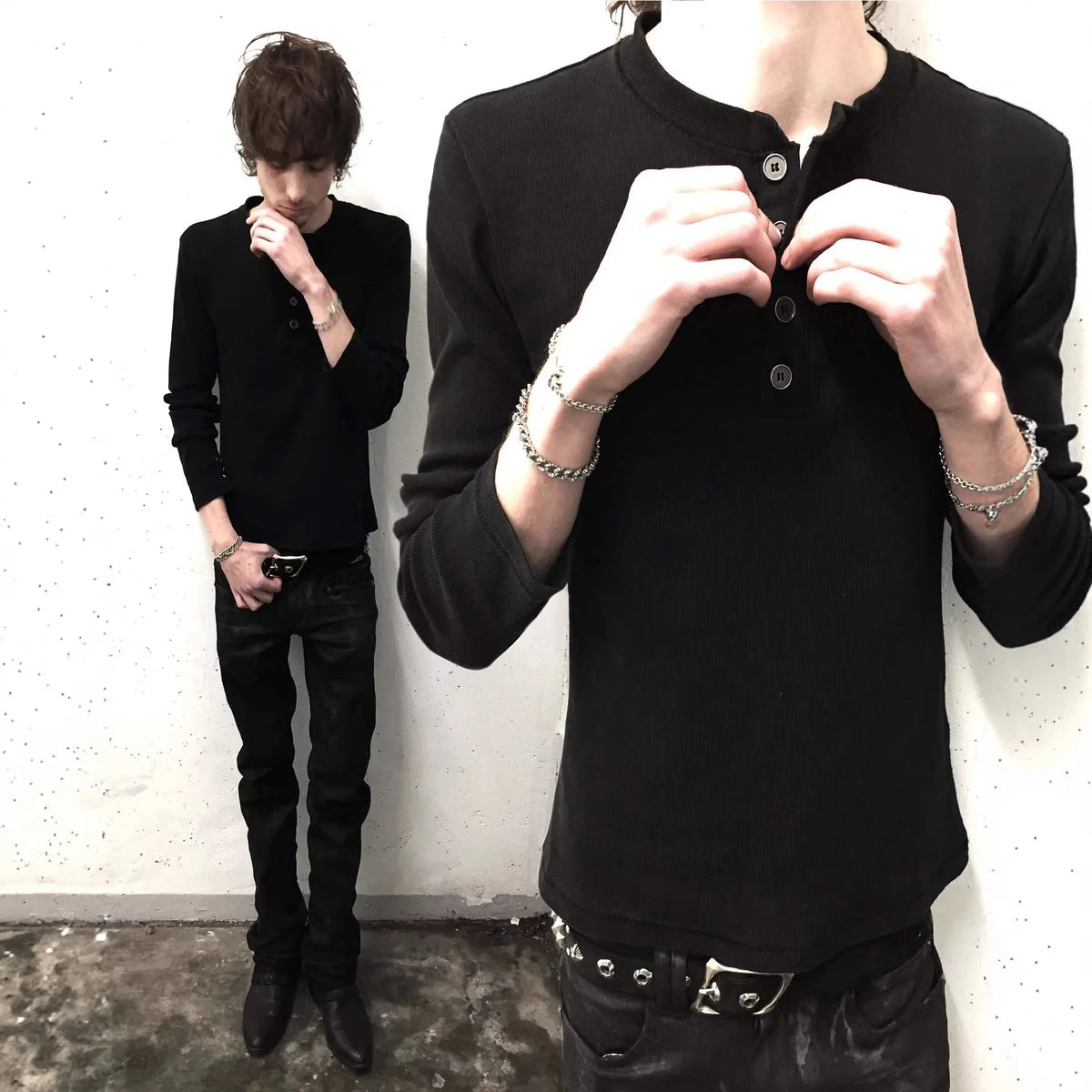 Japanese Vintage Black White Stripe Henley Long Sleeve T-shirt Unisex