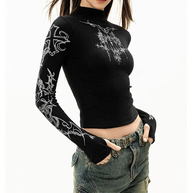 Grunge Women T-Shirt Y2k Aesthetics Half high neck Tees Graphical