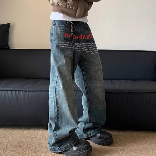 Korean Version Retro Letter Printed Jeans For Men Loose Straight Leg