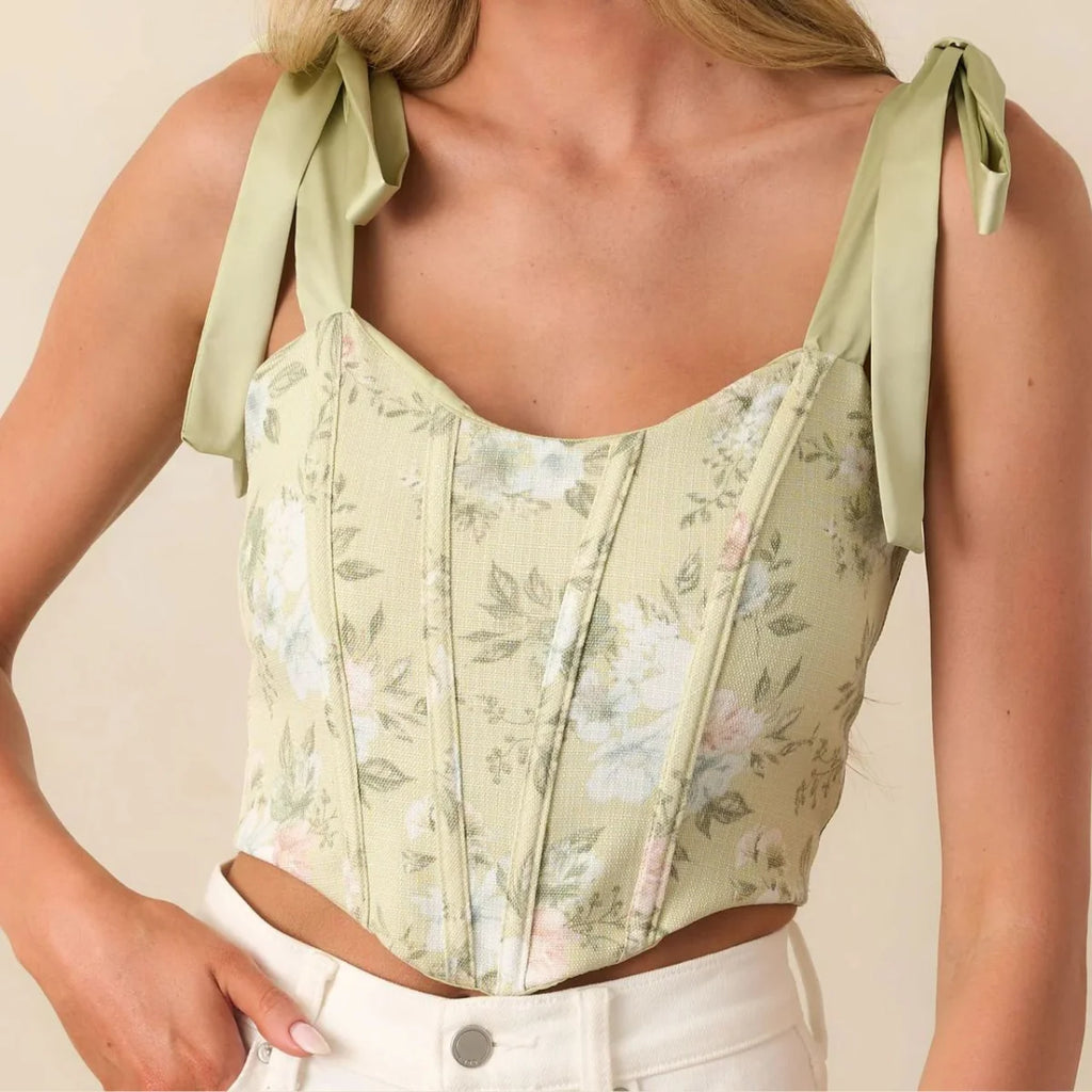 Summer Floral Printed Corset Fashion Lace-up Crop Tops Sexy Sleeveless