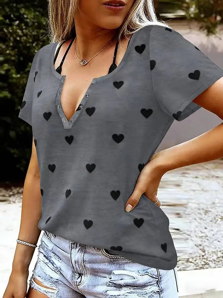 Womens Fashion T-Shirt Spring Summer Gray Heart Print Henley Neck One