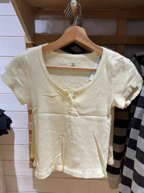 Sweet Lace Trim Button Ribbed T Shirt Cute Creamy Yellow O Neck Summer