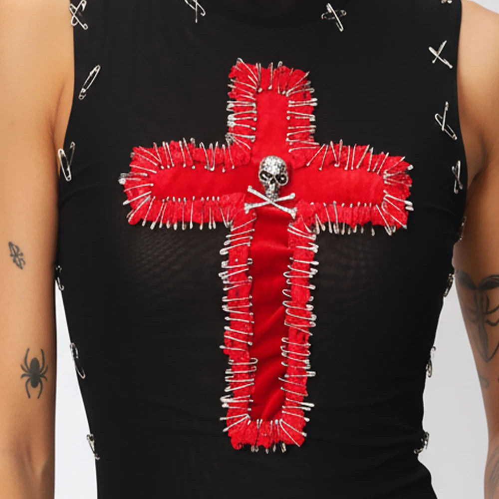 Women's Y2K Goth Cross Crop Top Boho Emo Grunge Punk Rock Teens Tank
