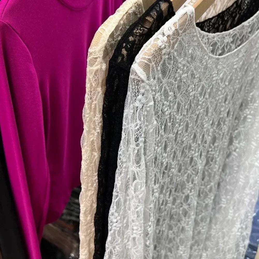 Sexy and slightly transparent black lace shirt women long sleeved