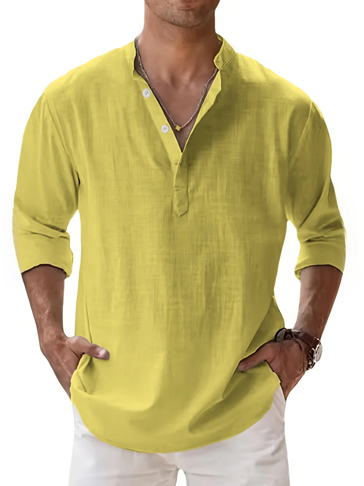 Men's Linen Blend Henley Neck Long Sleeve Shirt, Breathable Partial