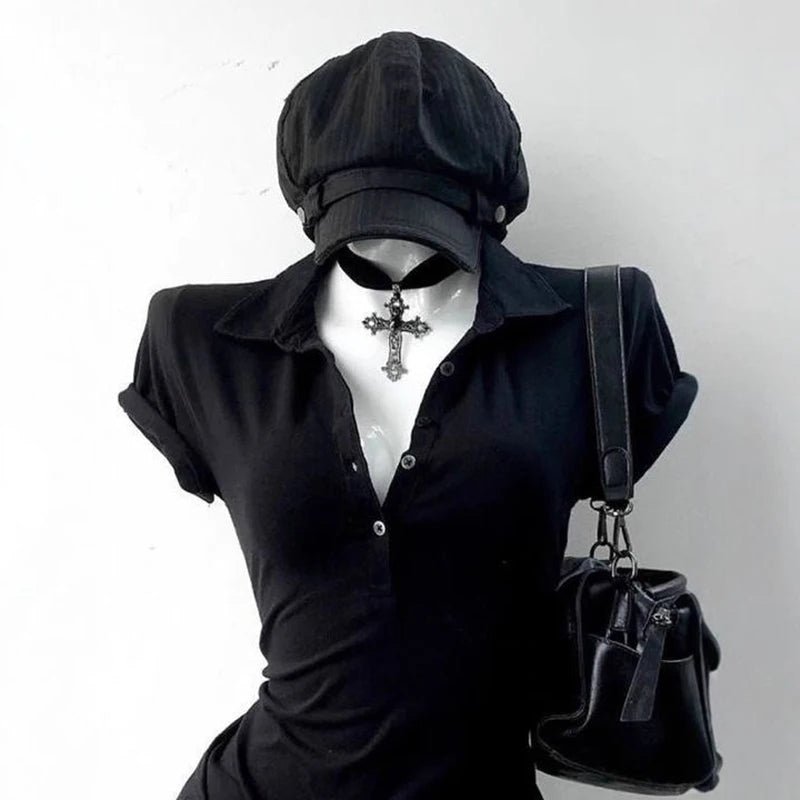 Graphic Harajuku POLO Collar Solid Short Sleeve Women's T-shirts 90s
