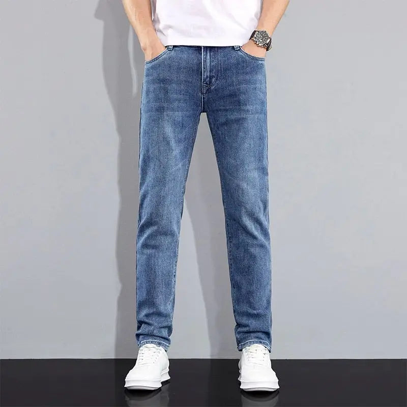 Autumn Winter New Men's Micro Elastic Straight Leg Denim Pants with