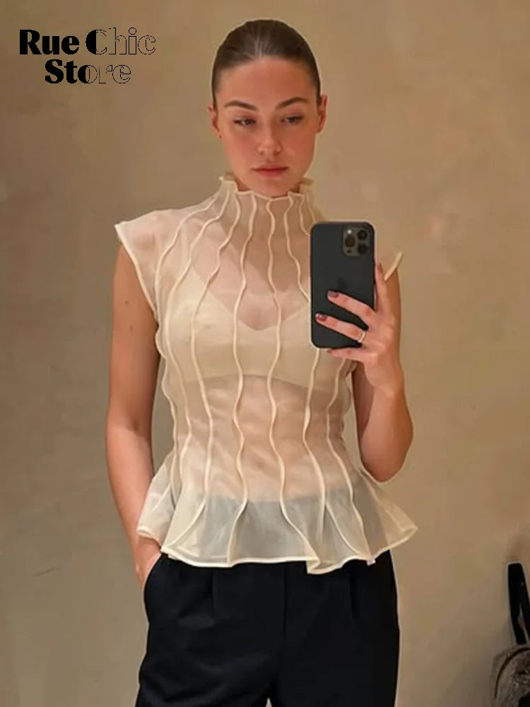 Solid Pleated Satin Sleeveless Blouse Women Chic High Neck Ruched
