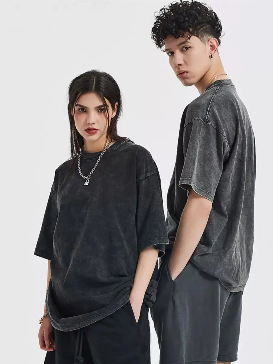 Summer Cotton Washed T-shirt for Women Men Loose O-Neck Oversized Tee