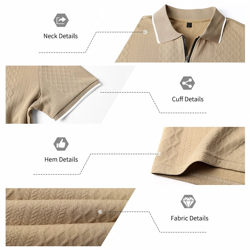Summer Men's Casual Business Short Sleeve 9-Color Jacquard 1/4 Zip