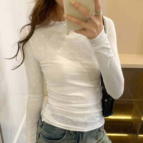 2024 Spring Autumn T shirt Women Tops Solid Slim Fit Long Sleeve O