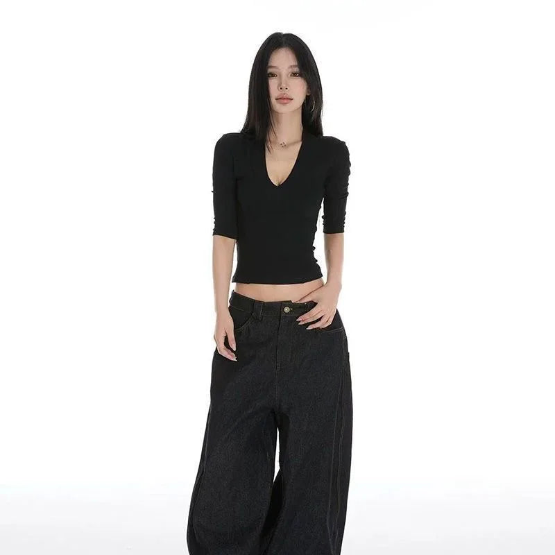 Women's Y2K Black V-Neck Drop Shoulder Short Sleeve Crop T-Shirt