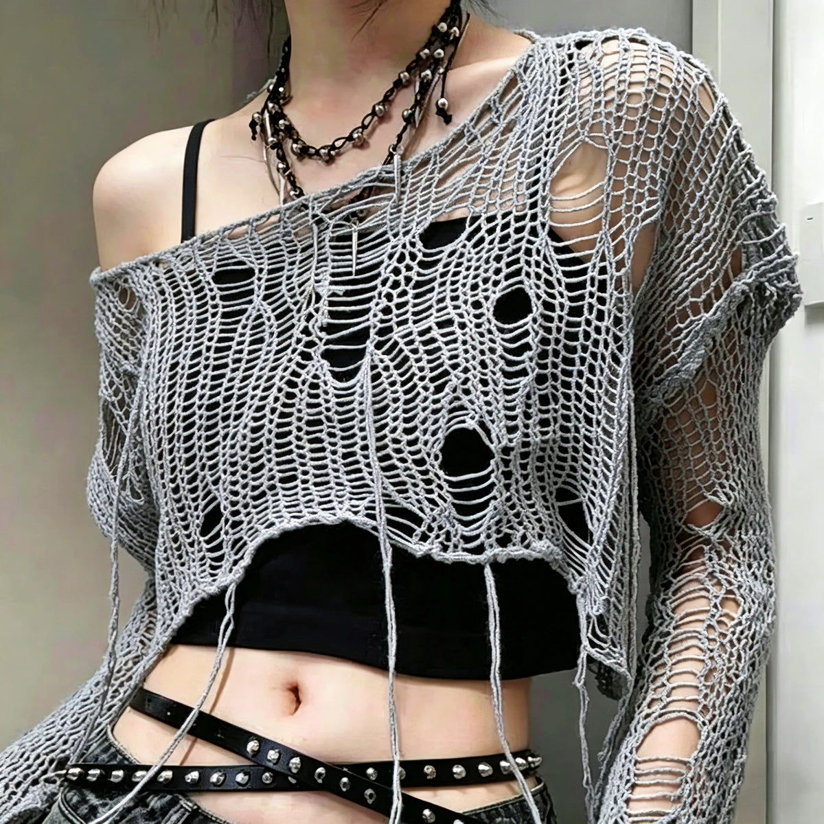 Y2K Women Knitted Crop Sweater Hollow Out Design Short Sleeve Tshirt