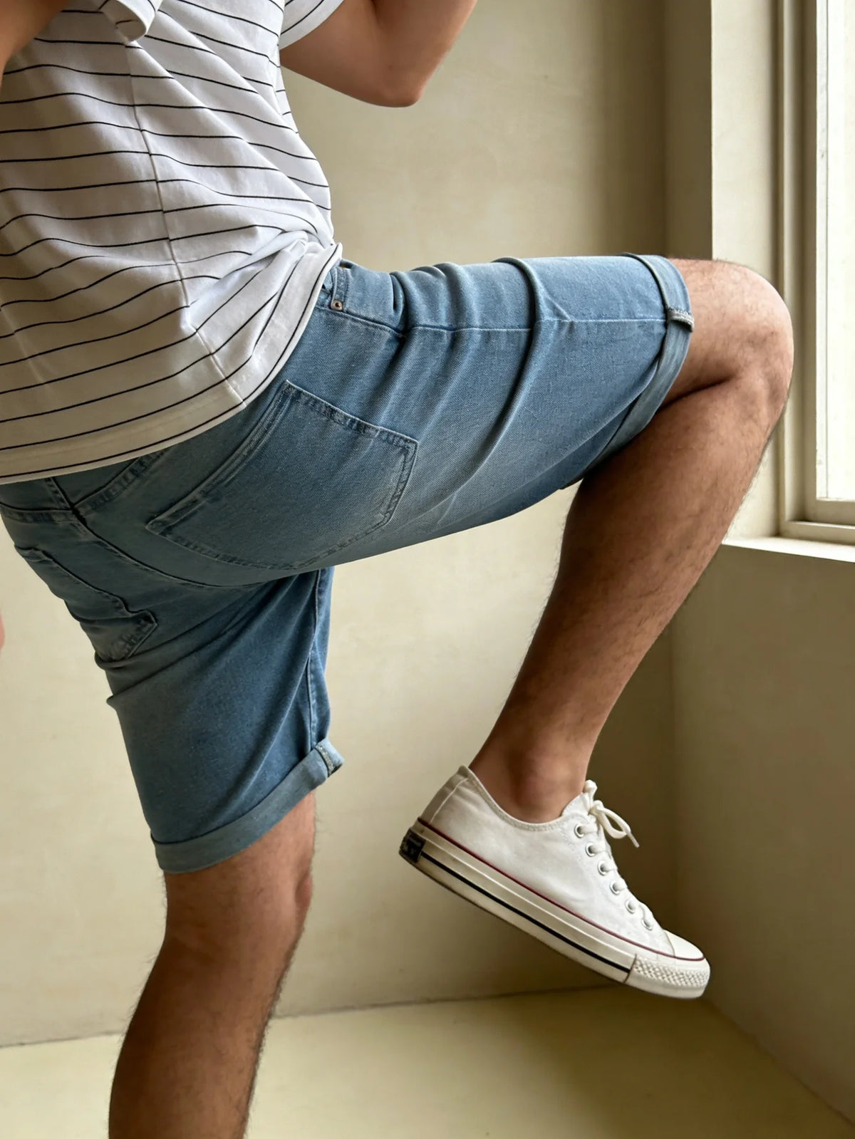 Men Slim Fit Elastic Blue Denim Jorts Casual Street Style Drip Design