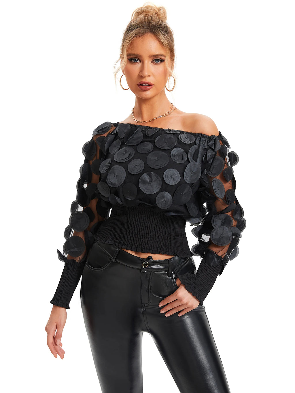 Applique Slant Shoulder Blouse, Elegant Long Sleeve Blouse For Spring