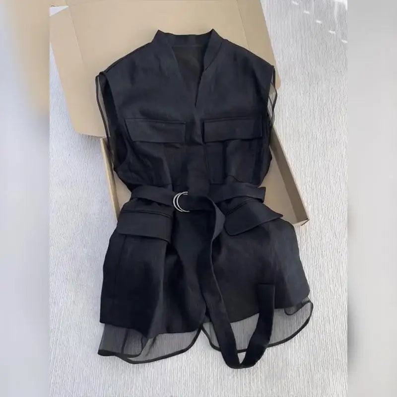 Korean Summer 2025 Black Sleeveless Vest Tops for Women V Neck Slim