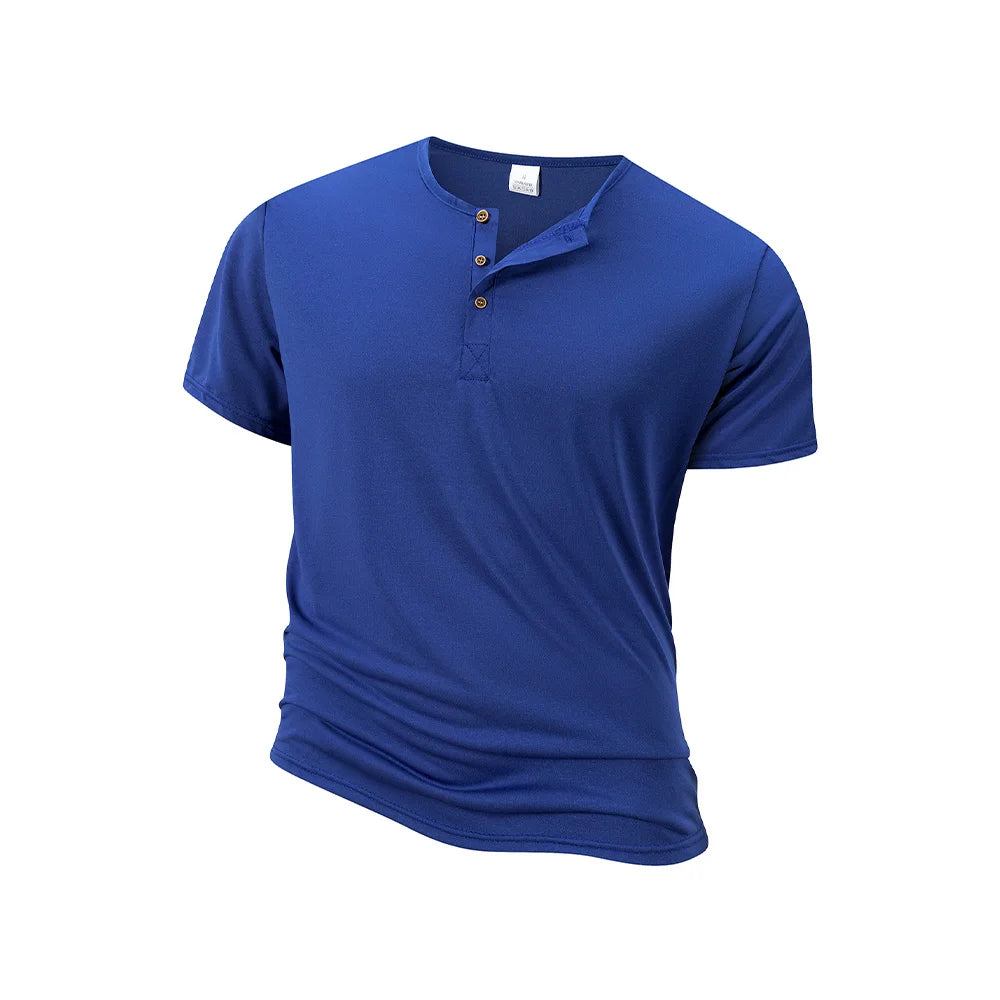 Summer Men's Short-sleeve Henley NeckT-shirt Solid Color Male Tops