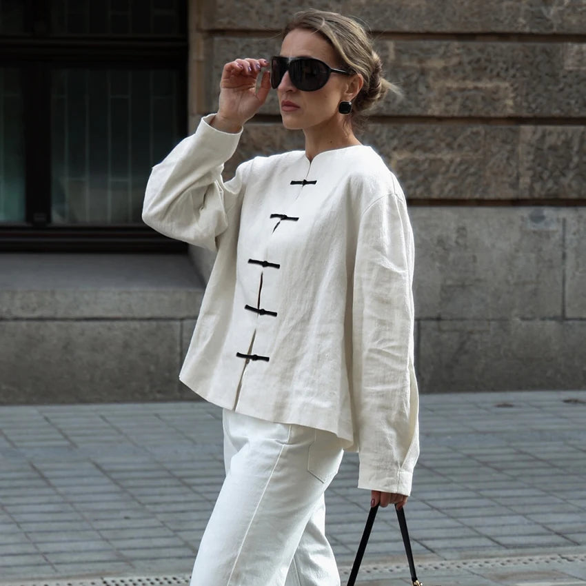 Linad Chinese Style Beige O Neck Shirts Female 2026 Vintage Single
