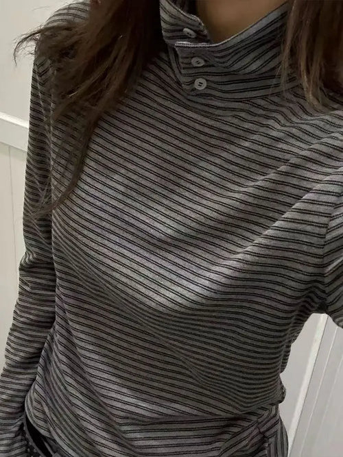 Kimotimo Retro Striped Turtleneck Long Sleeve T-shirts Women 2026 New