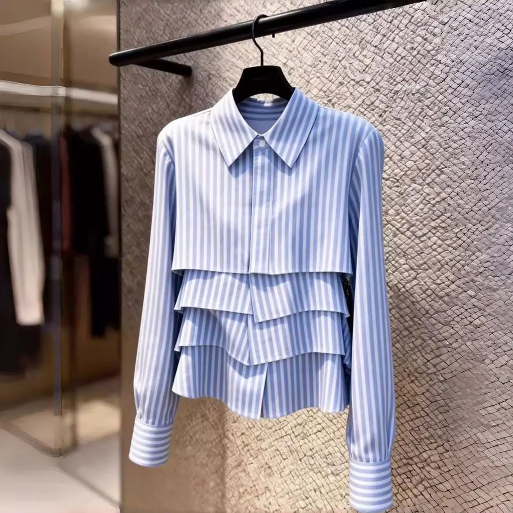 Elegant Tiered Ruffle Striped Blouse - Point Collar Long Sleeve