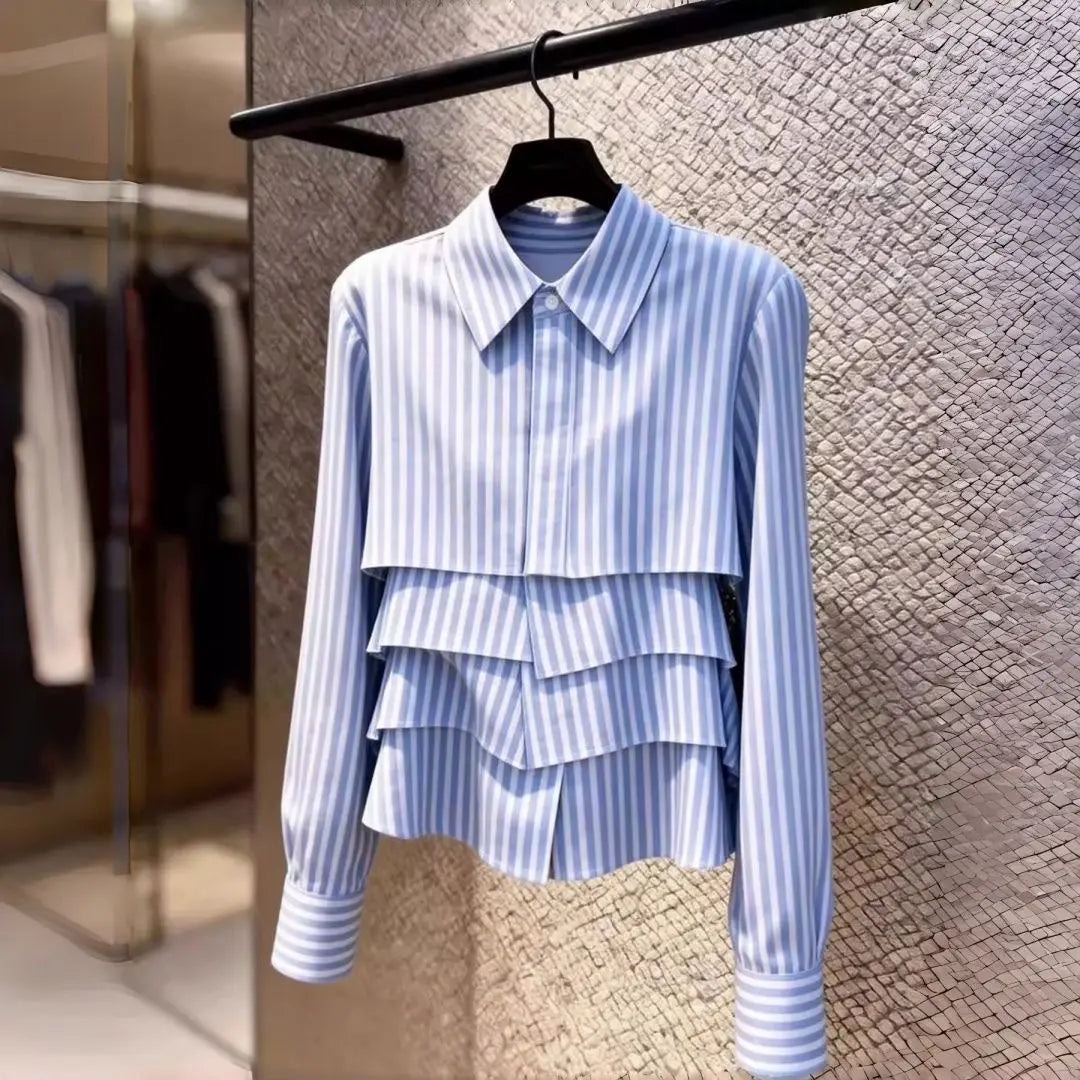 Elegant Tiered Ruffle Striped Blouse - Point Collar Long Sleeve