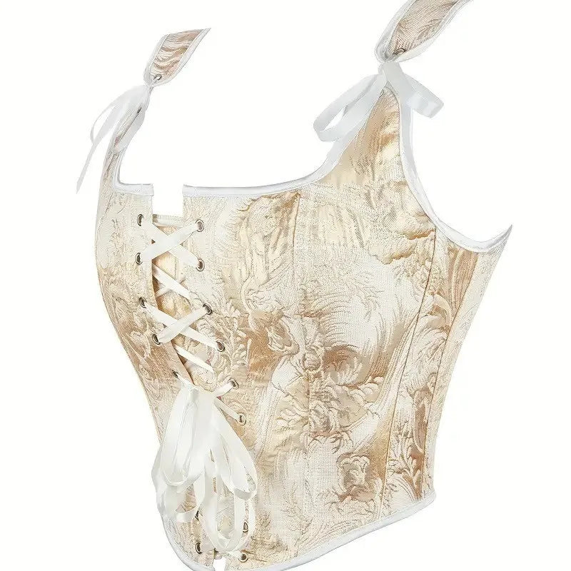 Women's Bow Tie Strap Jacquard Corset Top Front Lace Up Square Neck