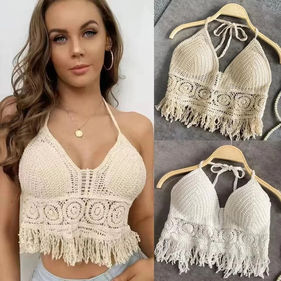 Boho Crochet Halter Top for Women Summer Beach Knit Crop Top with