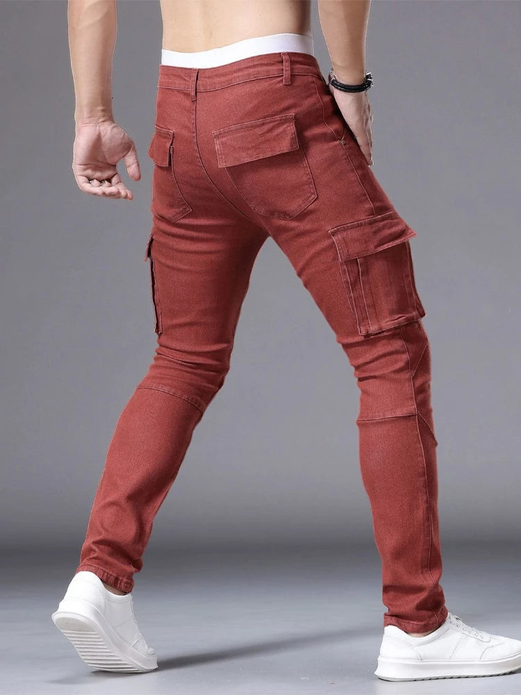 Men Elastic Streetwear Cargo Pants Jeans Wash Multi Pockets Y2k Mid