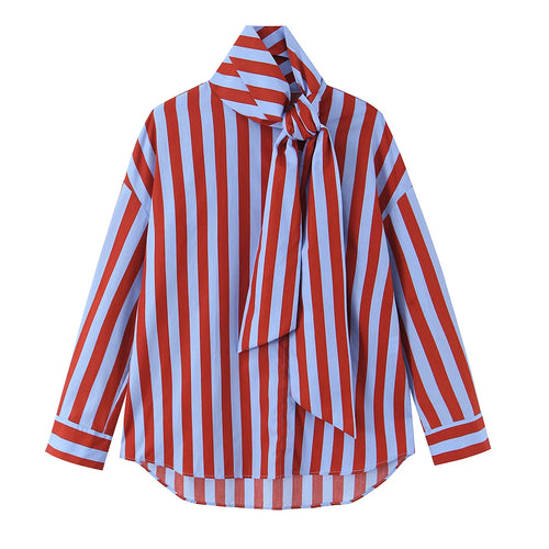 YENKYE 2026 New Women's Striped Shirt With Bow Tie Long Sleeve Loose