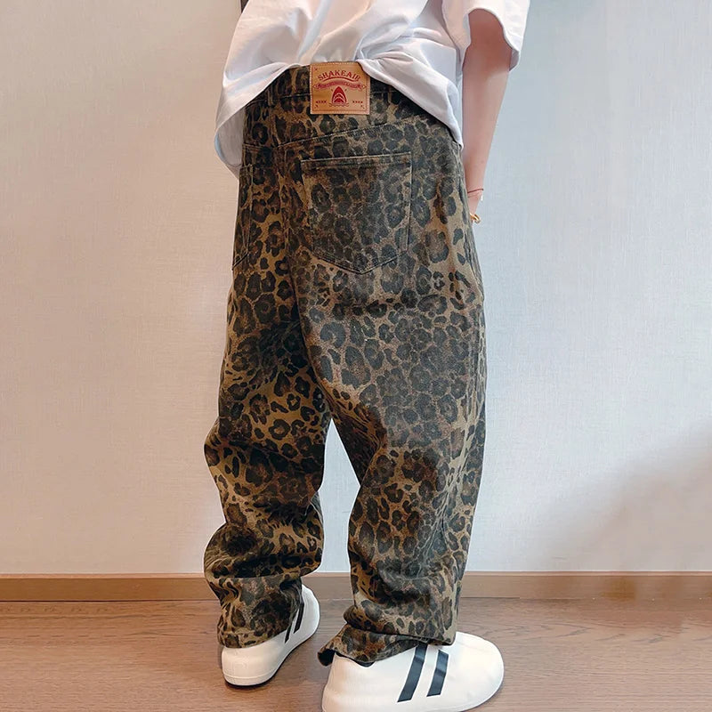 Men Loose Wide Leg Leopard Graphic Jeans Male Classic American Vintage