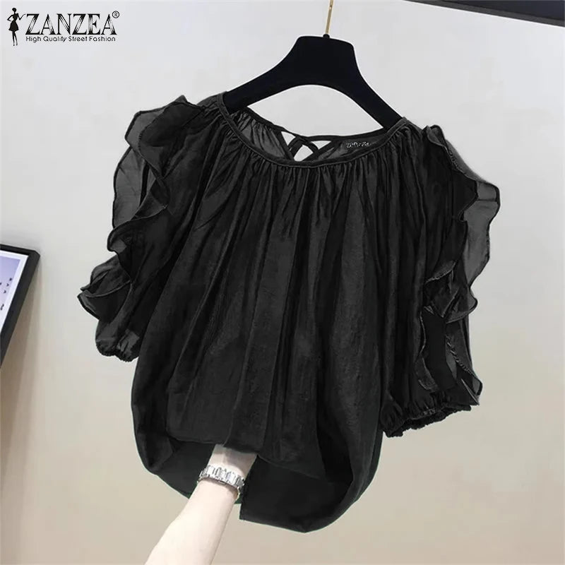 ZANZEA Women Cold Off Shoulder Blouse Fashion Ruffle Half Sleeve Tops