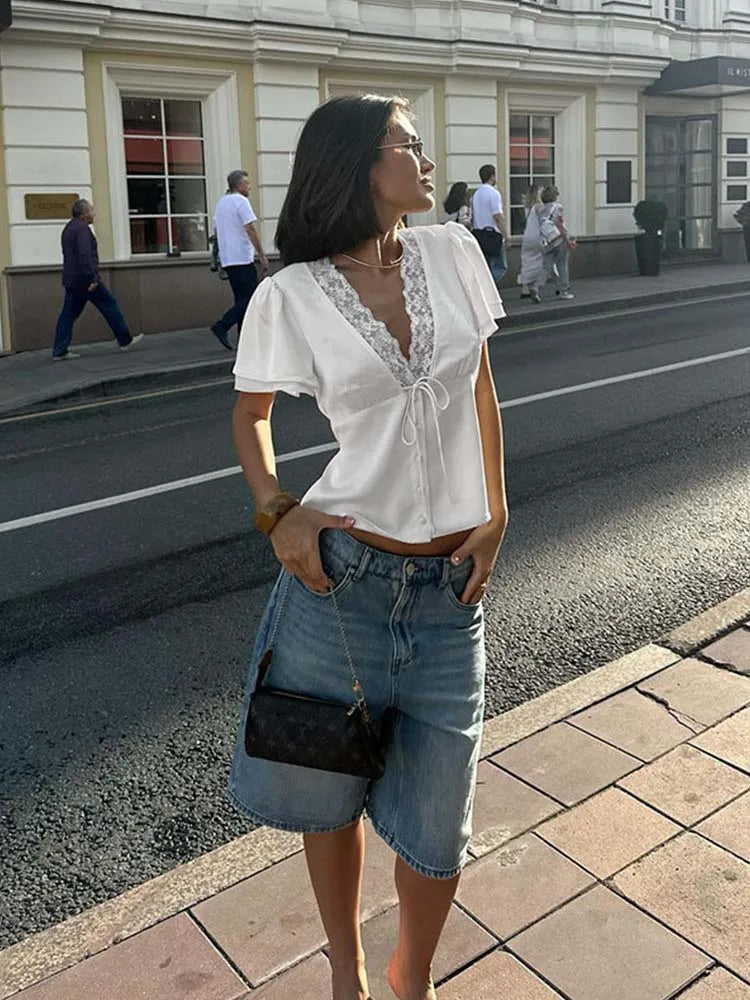 Ahagaga Causal Women Tops Solid Lace -Neck Short Sleeves Satin Slim