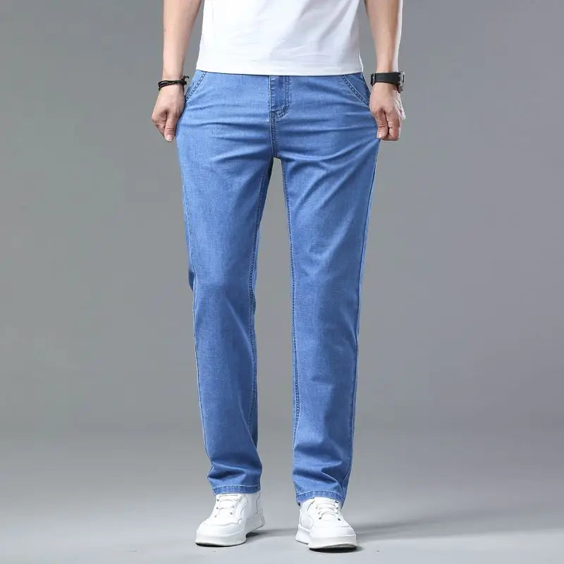 Summer new men's micro elastic straight leg denim pants with shape and