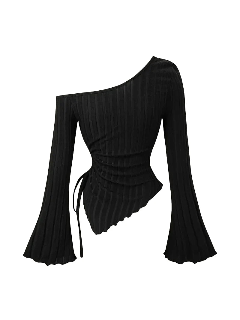 Women's Off-Shoulder Cross Long-Sleeved Slim Fit T-Shirt Asymmetrical