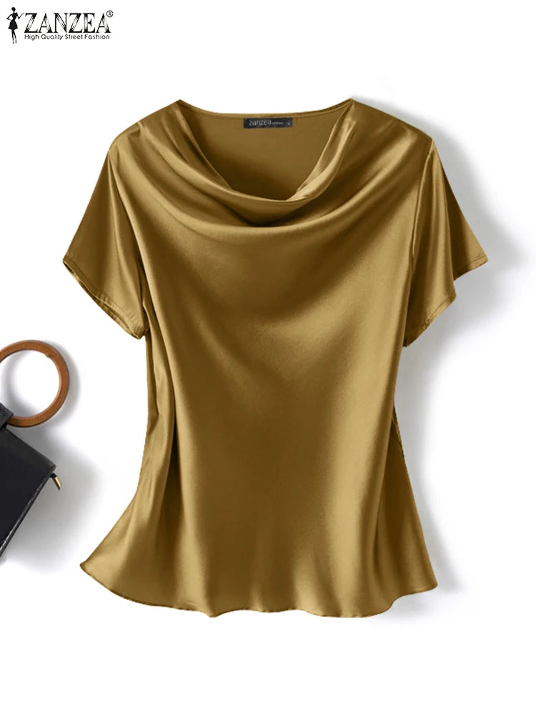 ZANZEA Summer Fashion Satin Blouse Women Short Sleeve Solid Shirt