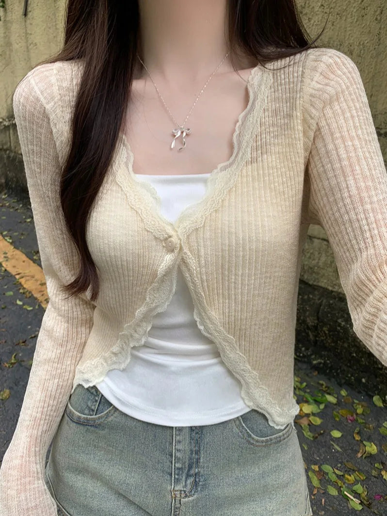 Lace Trim One Button Long Sleeve Crop Top Women Short Sleeve Open