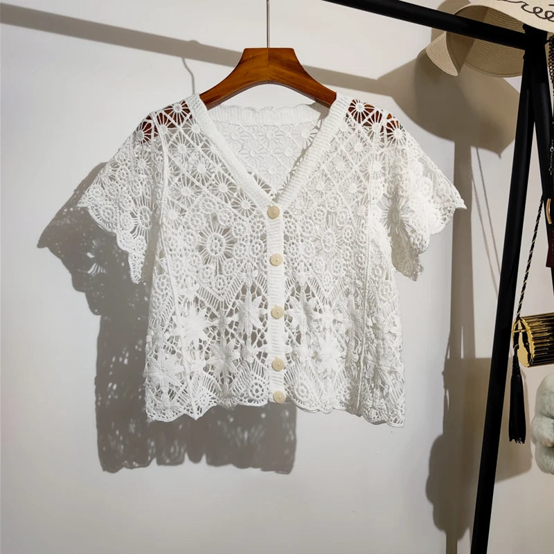 Sheer Crochet Top Button Front V-Neck Short Sleeve Open-knit