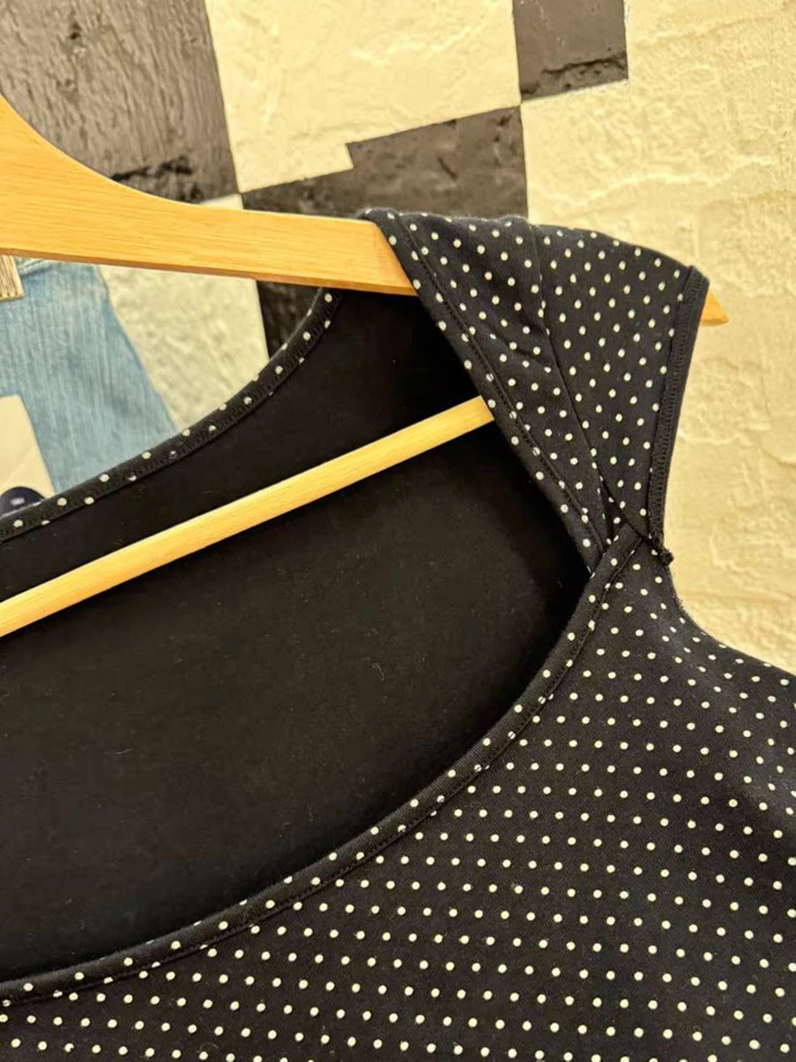 Dot Sleeveless Black Slim T-shirt Woman Summer Sexy Square Collar