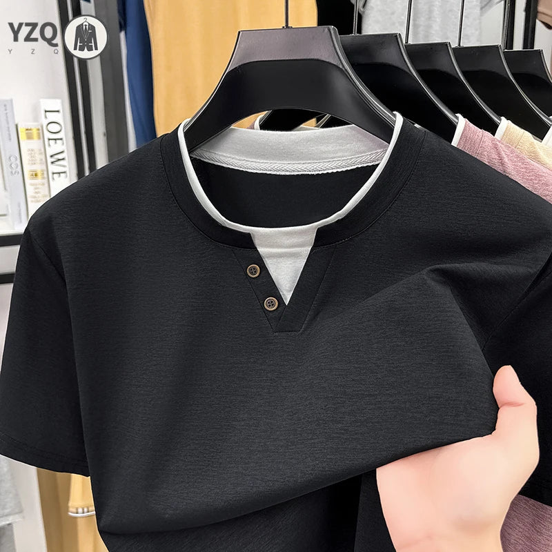 Mens Short Sleeve T Shirt Henley Neck Fake Two Piece Casual Tops