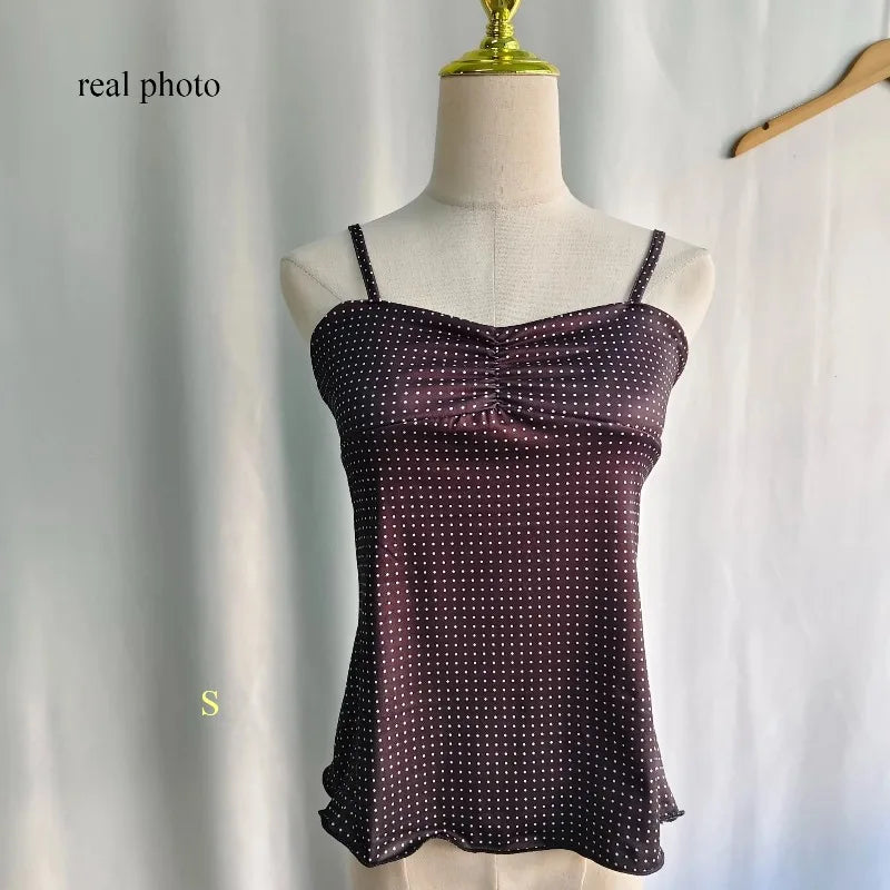 Kimotimo Vintage Polka Dot Camisole Vest Women Summer Folds Sleeveless