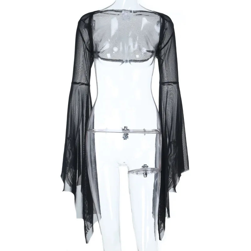 Goth Dark Mall Gothic Mesh See Through Crop Shrug Tops Women Chic Coat