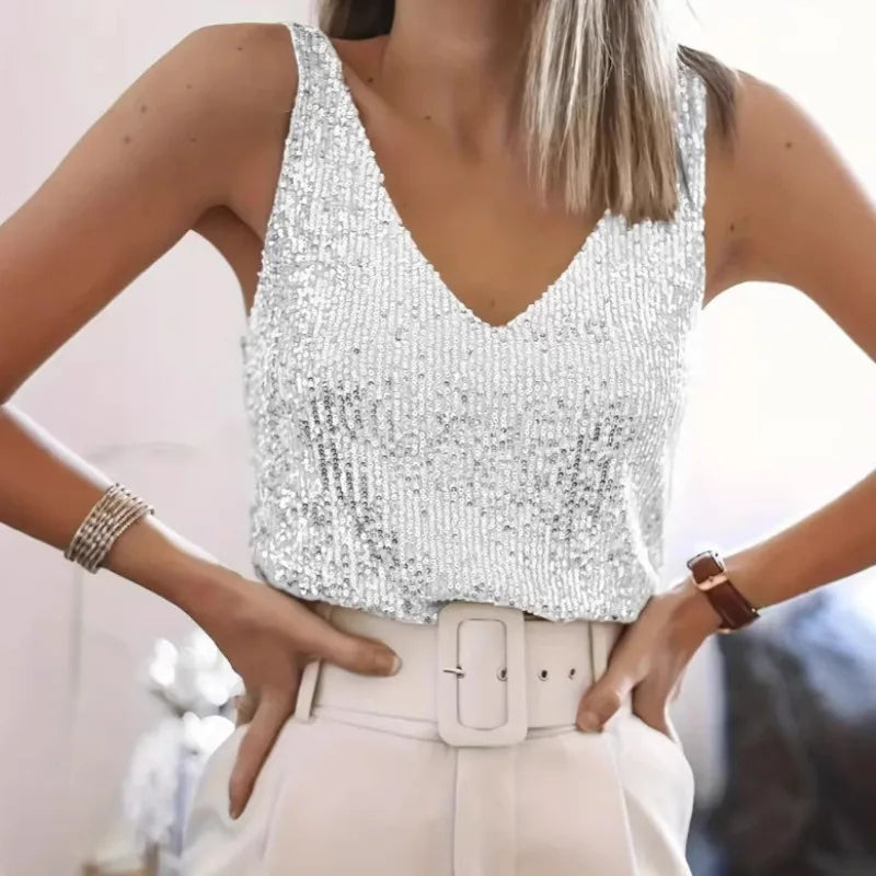 Women Sequin V Neck Tank Top Sleeveless Sparkly Camisole Slim Fit