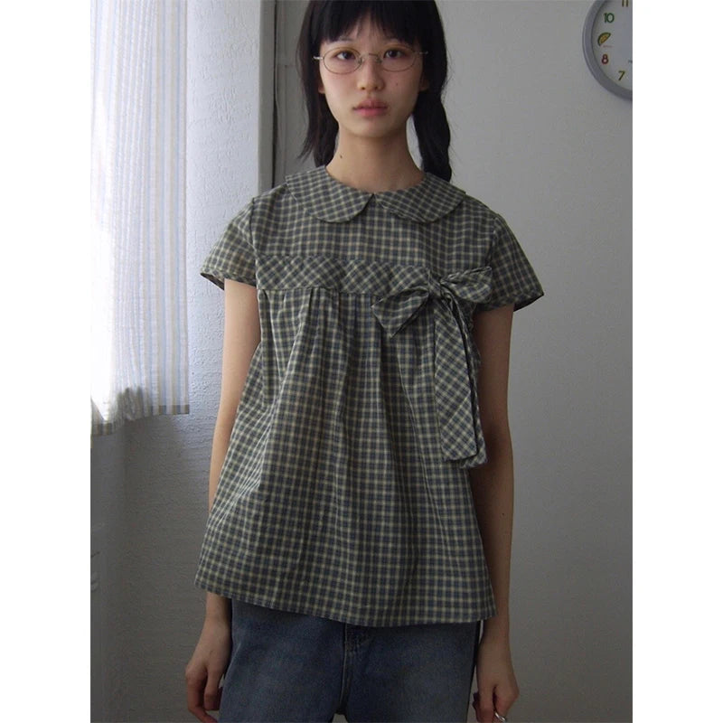 Vintage Plaid Shirts Women Japanese Harajuku Bow Peter Pan Collar